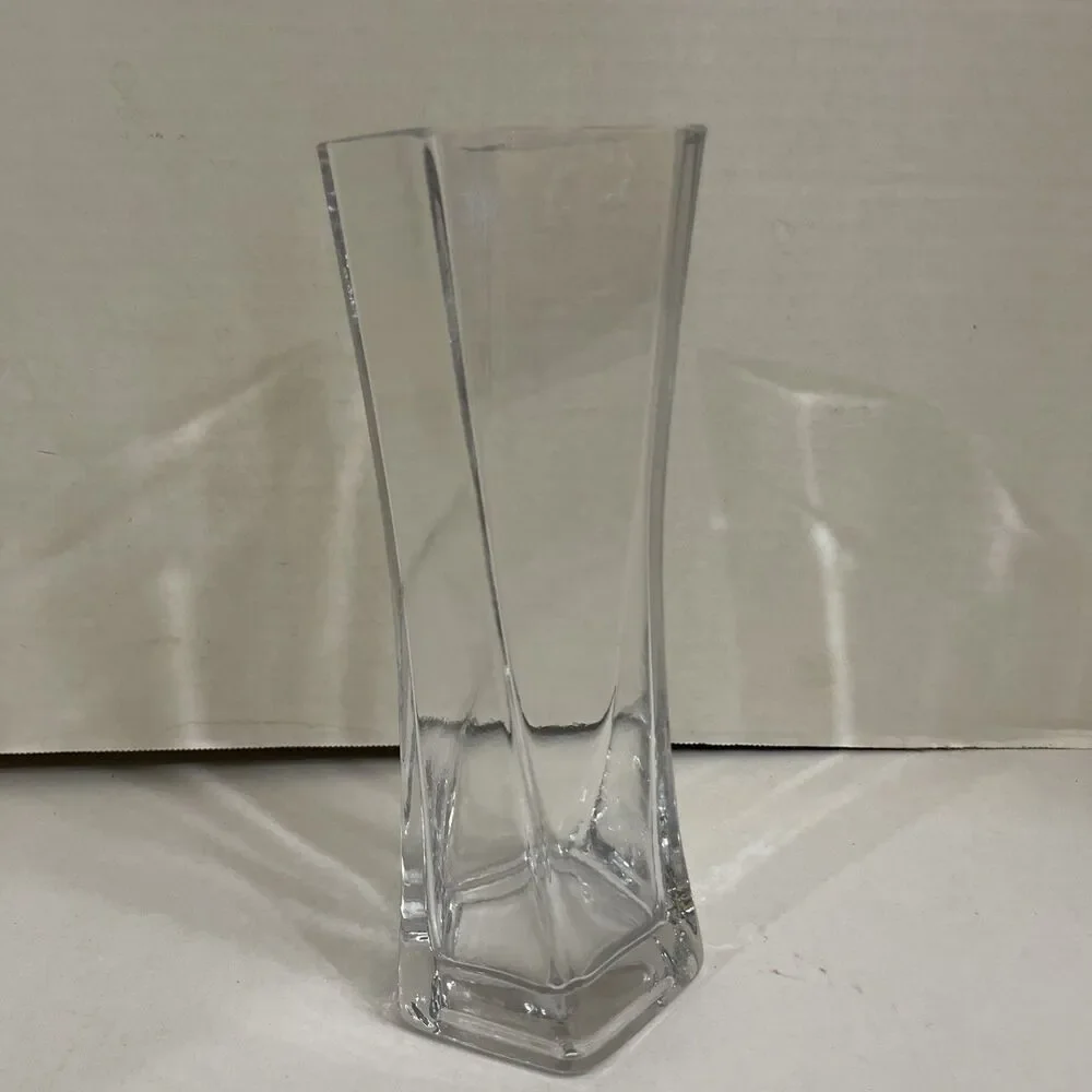 Vintage Glass Vase Twisted Hexagon Flare Top 9.25 In Heavy Glass Clear Elegant A